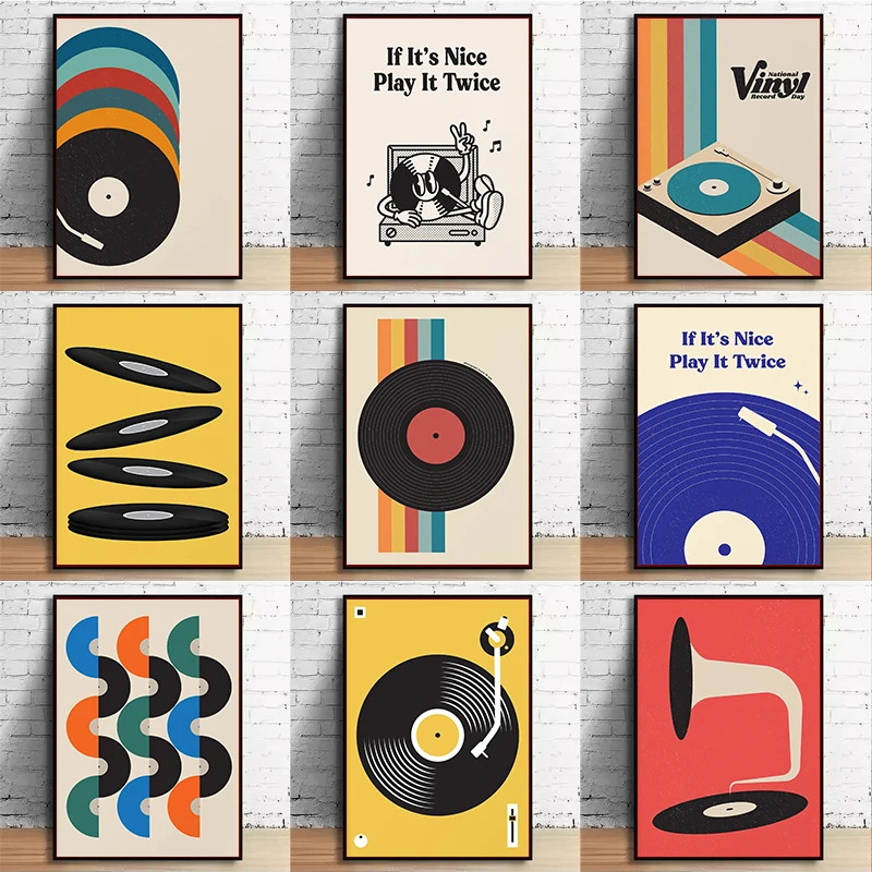 Office Furniture Layout - Mid-Century Vinyl-Schallplatten-Leinwand-Wandkunstdruck, ungerahmtes minimalistisches Musik-Pastell-Poster für
